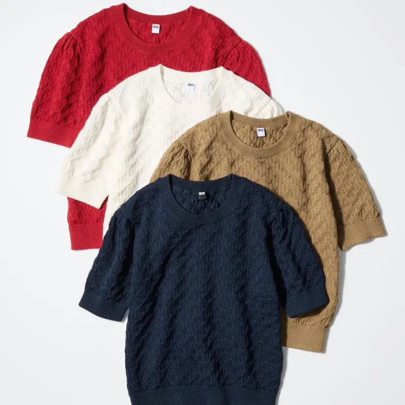 UNIQLO - Áo len cổ tròn dệt Pointelle ngắn tay